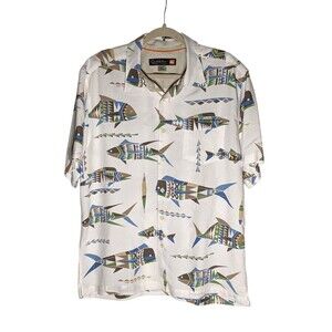Quicksilver Waterman Men's Short Sleeve Button-Up Camo Shirt Sz L Hawaiian Fish